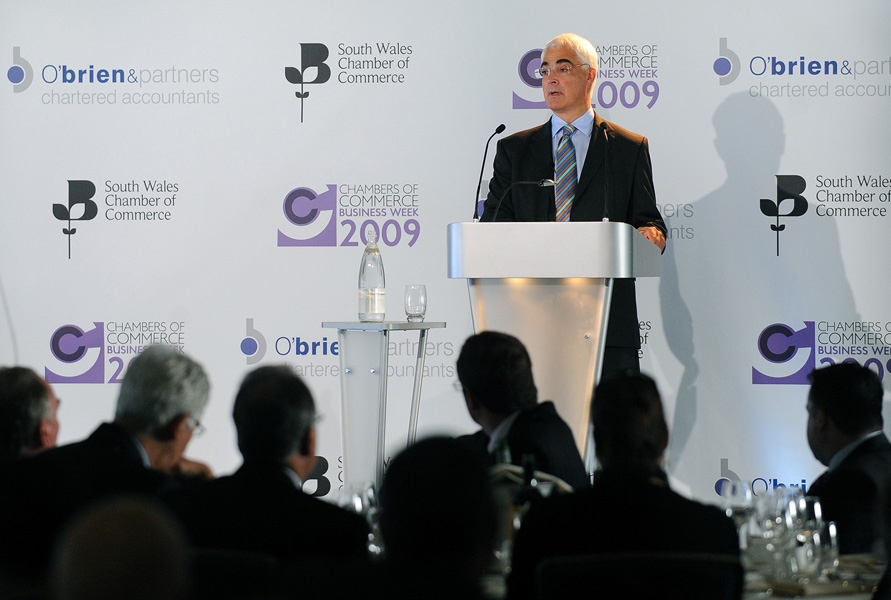 Chancellor of the Exchequer Alistair Darling MP delivers the 2009 Callaghan Lecture at the Chamber of Commerce Business Week in the Cardiff City Stadium.