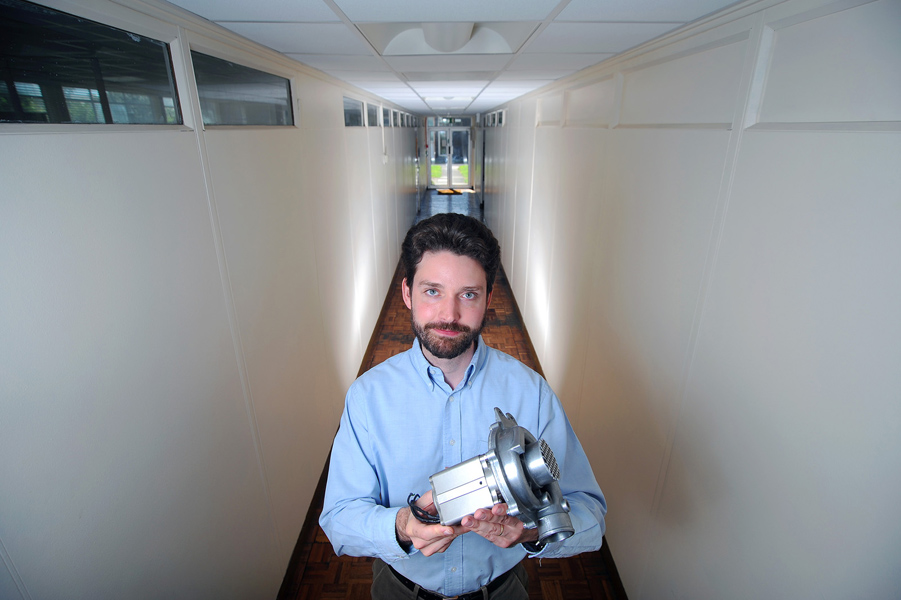 Engineer Bryn Richards, CEO of Aeristech Ltd. with the prototype of his revolutionary electric turbo charger for the Daily Express