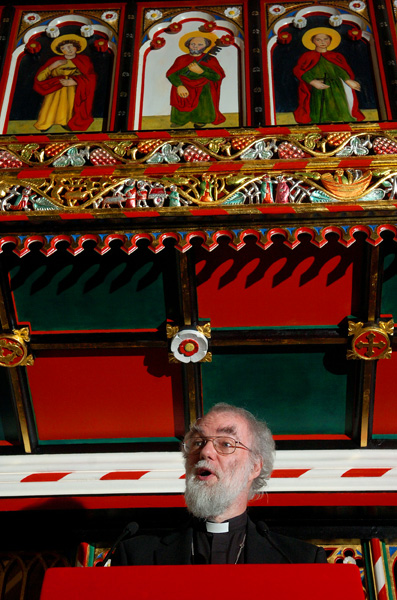 A 13th Century church, which was dismantled and rebuilt 50 miles away at a museum in Cardiff, is opened by the Archbishop of Canterbury Rowan Williams, 2007