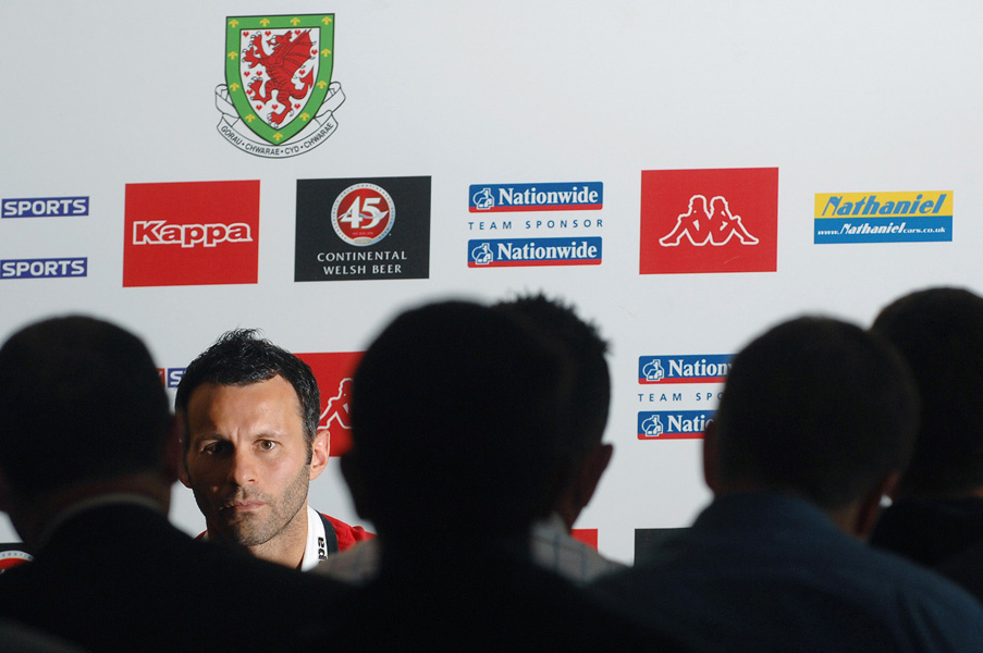 Wales captain Ryan Giggs speaks to the press after he announces his retirement from international football, 2007 