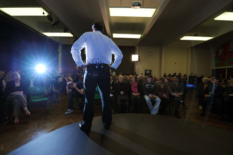  Prime Minister David Cameron answering questions at a public meeting at Barry Comprehensive School in South Wales.