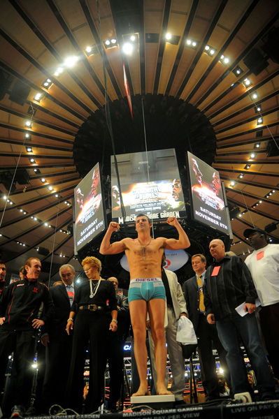 Joe Calzaghe takes to the scales at the official weigh-in at Madison Square Garden Arena ahead of his fight against Roy Jones Jnr in New York, 2008